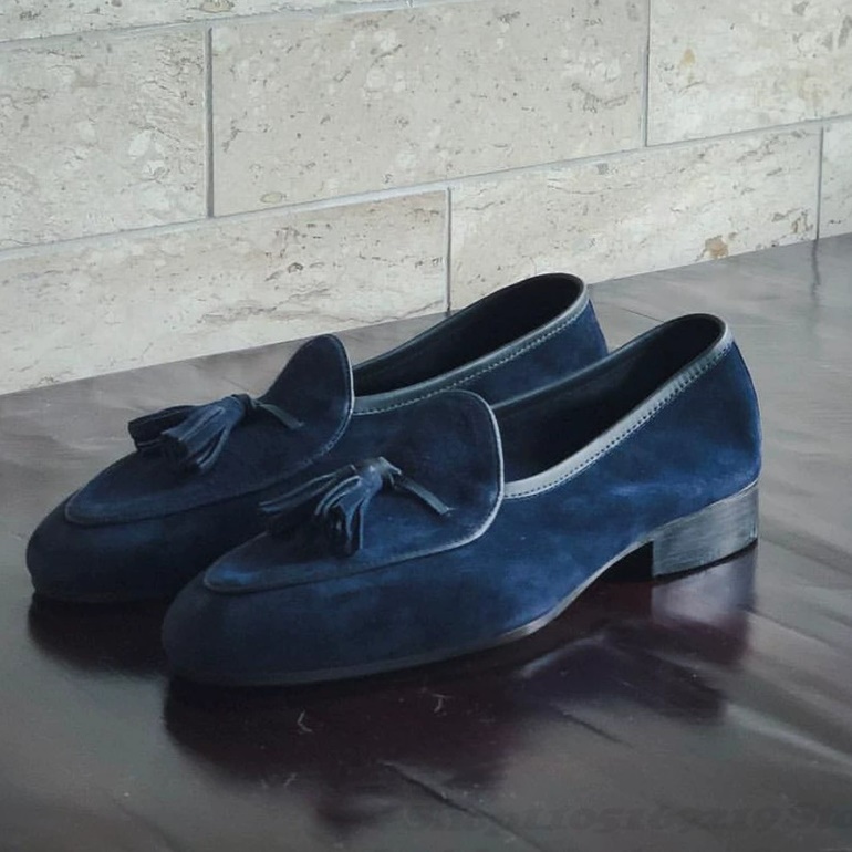 Men'S Shoes Navy Blue - Męskie mokasyny z frędzlami, granatowe, wsuwane,