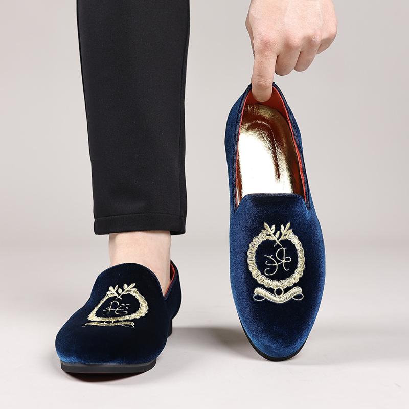 Men'S Shoes Navy Blue - Męskie granatowe welurowe mokasyny ze złotym