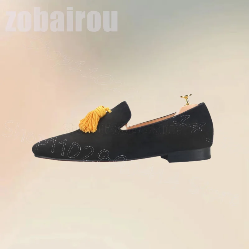 Men'S Shoes Yellow And Black - Żółte Frędzle Czarny Zamsz Męskie Loafersy