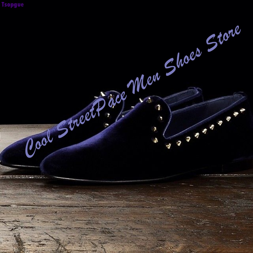 Men'S Shoes Navy Blue - Męskie granatowe welurowe mokasyny z ćwiekami,