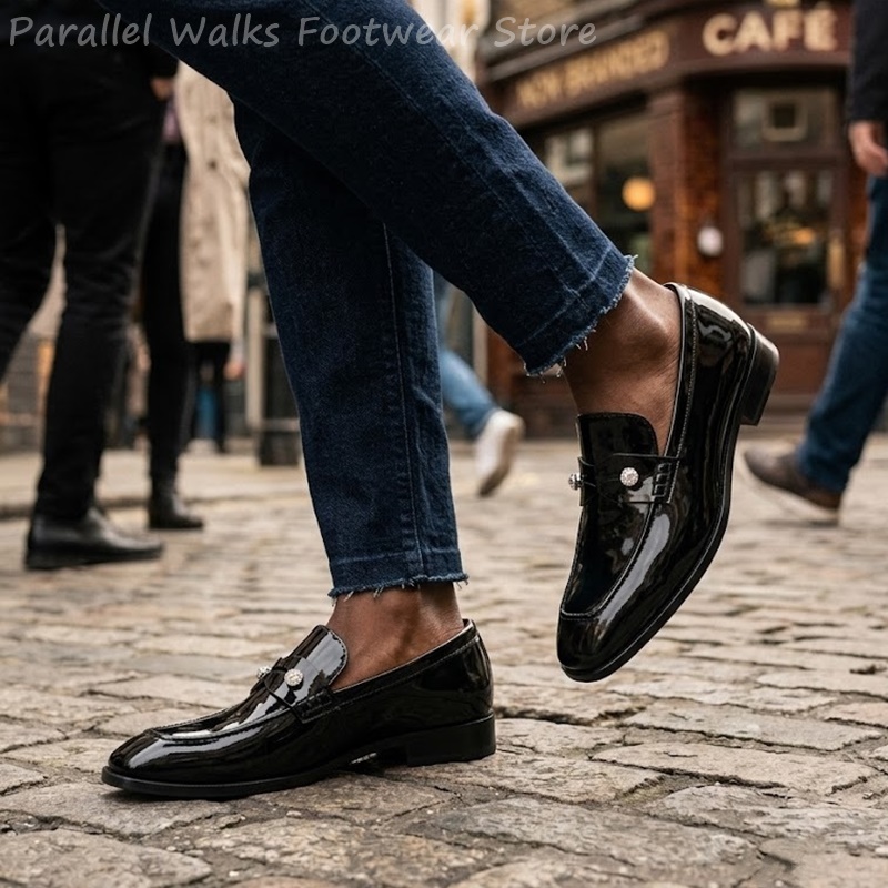 Men'S Shoes Smart - Męskie czarne lakierowane mokasyny z imitacji