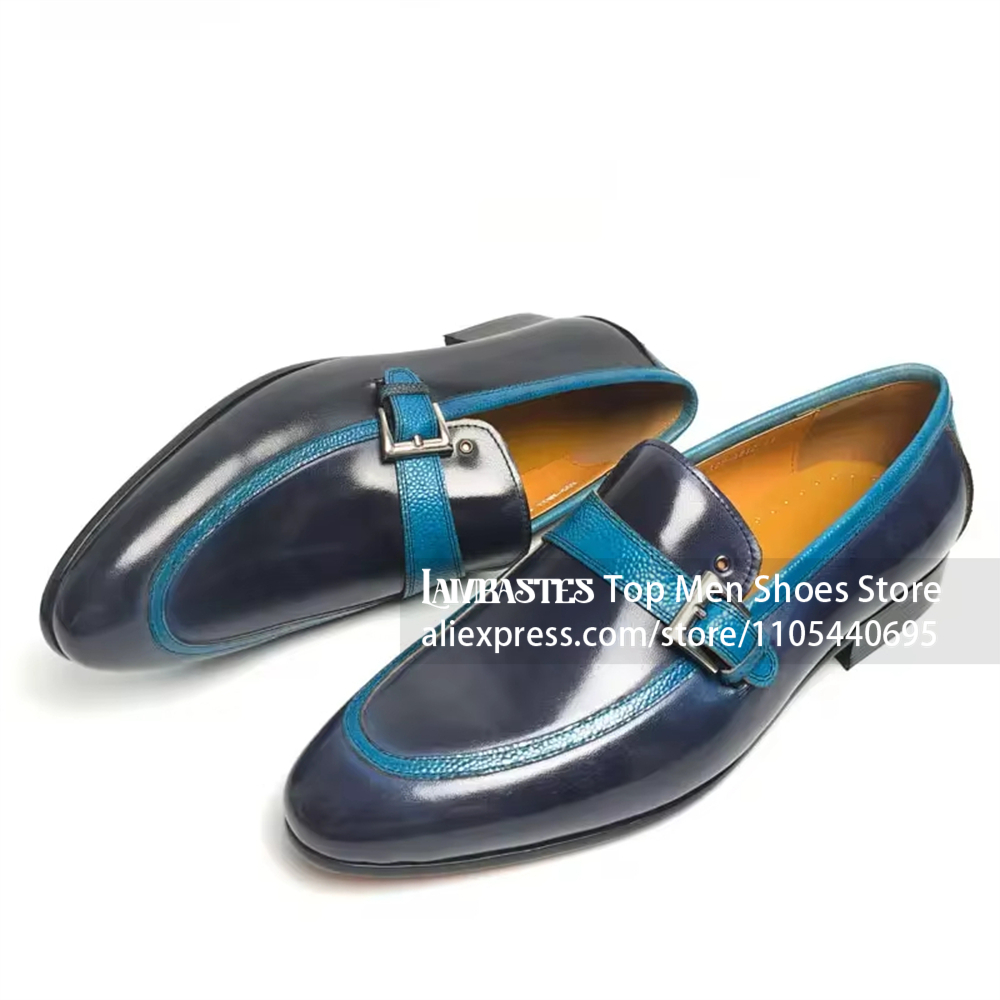 Men'S Shoes Navy Blue - Granatowe mokasyny penny z kontrastową klamrą,