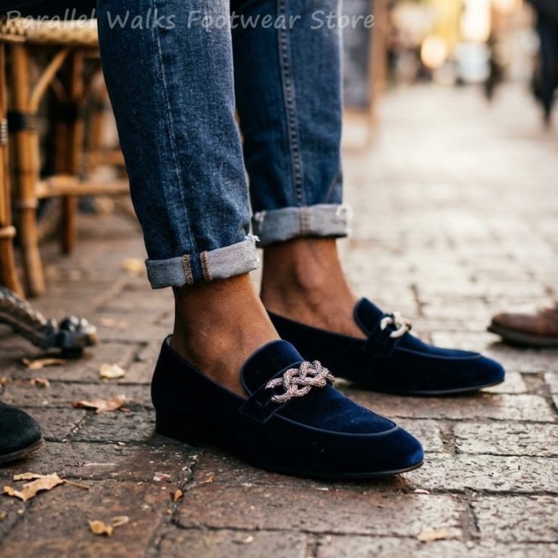 Men'S Shoes Navy Blue - Męskie mokasyny w kolorze granatowym, aksamitne,