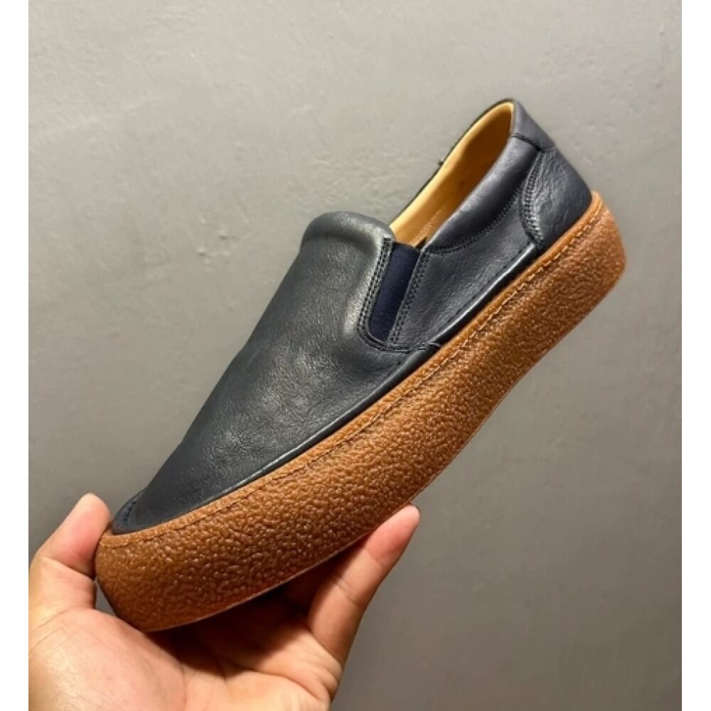 Men'S Shoes Navy Blue - Granatowe skórzane mokasyny z grubą, gumową